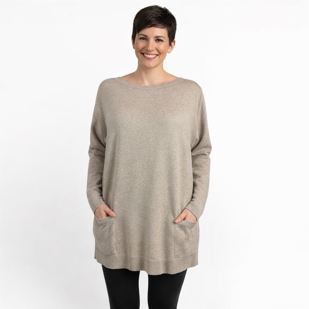 Jeanne Pierre Woman Tan Cotton Knit Tunic Sweater Boat Neck Pockets 1X Plus Size